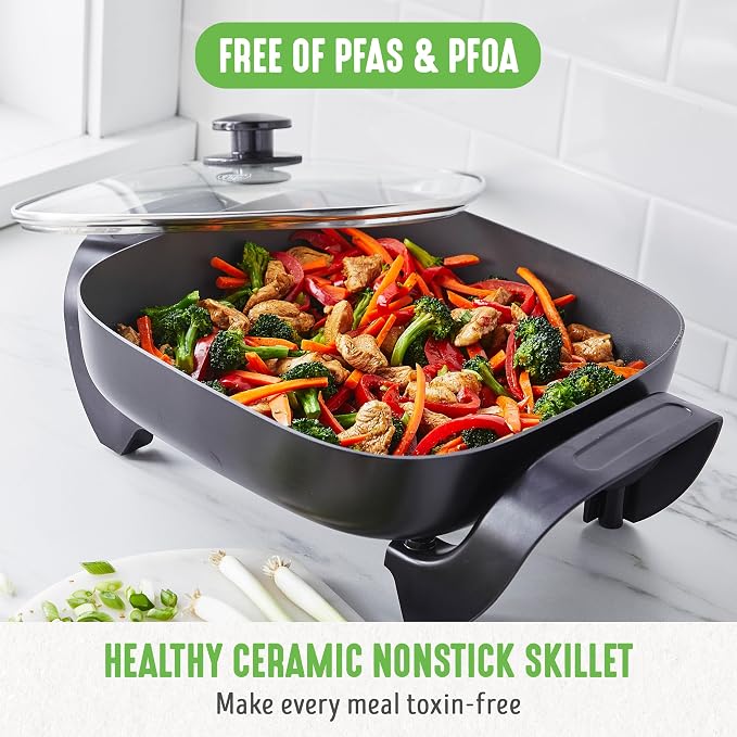 GreenLife 12" 5QT Electric Skillet, Black | PFAS-Free Ceramic Nonstick Coated Interior, Glass Vented Lid, Temperature Control, Dishwasher Safe, Pancakes, Eggs, Bacon