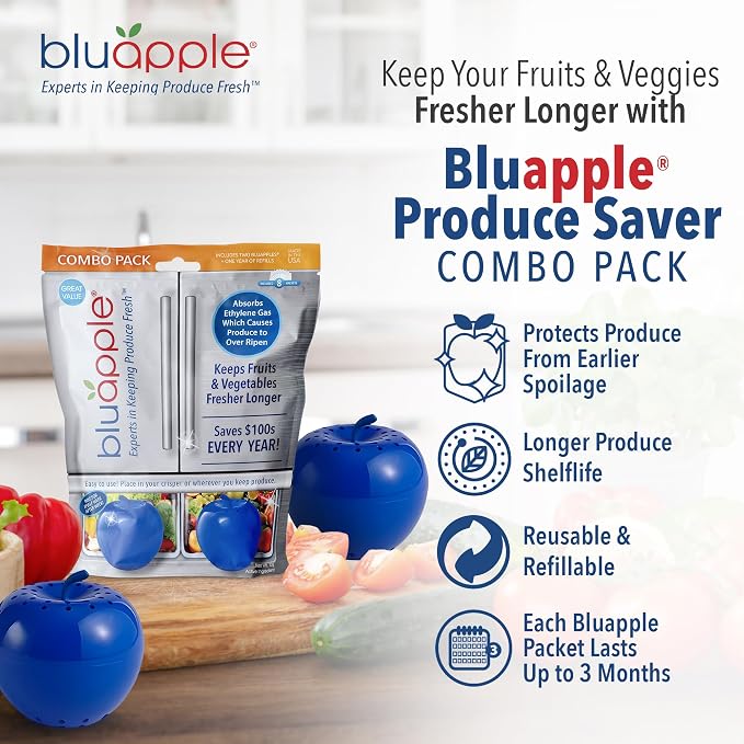 BluApple Produce Saver Ethylene Gas Absorber - Fresh Fruit & Vegetable Storage for Refrigerator, Each Packet Lasts 3 Months, Produce Storage, BPA Free - Combo Pack (8 Packets & 2 for 1 Year)