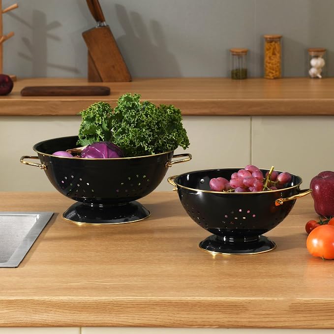 Metal Colander 2 Pack, 3.5 Quart Powder Coated Self-draining Solid Ring Base Metal Large Kitchen Pasta Vegetable Fruit Strainer with Handle (L-BLACK)