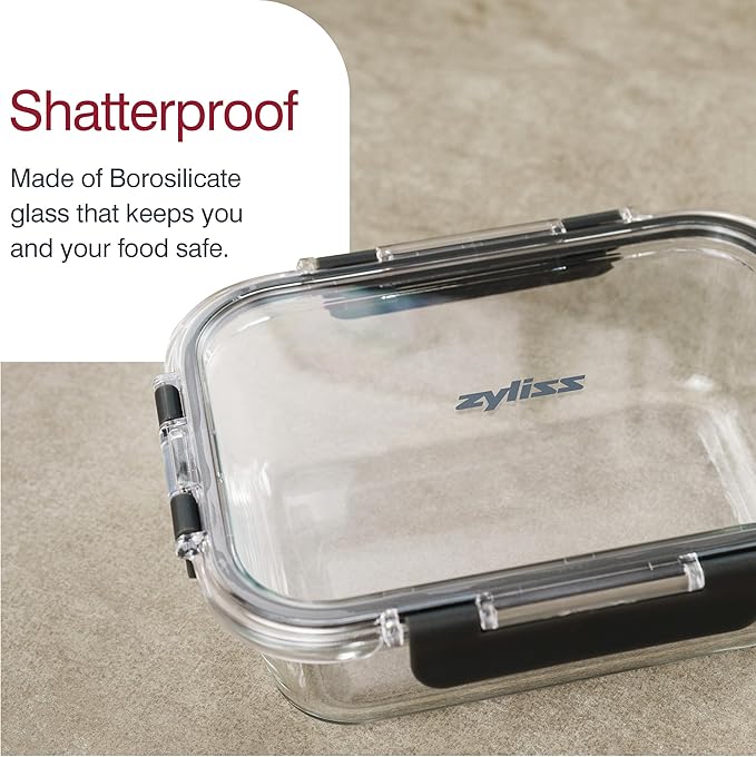 Zyliss E981065 1L Glass Container, Shatterproof Glass, Airtight Food Storage Box with Sealable Lid, Microwave Safe, BPA Free, Freezer Safe, Fridge Storage, Food Container, 21cm x 16cm x 7cm