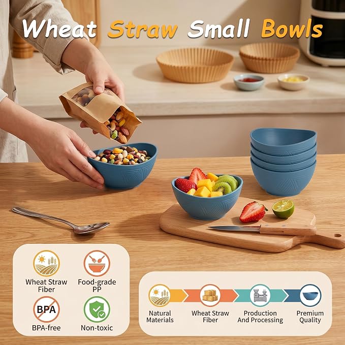 Snack Bowls Set of 6, Unbreakable Wheat Straw Bowls10oz, Small Prep Bowls for Ice Cream, Dessert, Yogurt, Salsa, Microwave & Dishwasher Safe Mini Serving Bowls for RV, Dorm - Blue