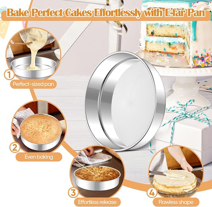 E-far 11 Inch Cake Pan Set of 2, Stainless Steel Round Baking Pans Tins | Non-Toxic & Leak-Proof Mold for Birthday Wedding Layer Tiered Cake, Easy Clean & Dishwasher Safe