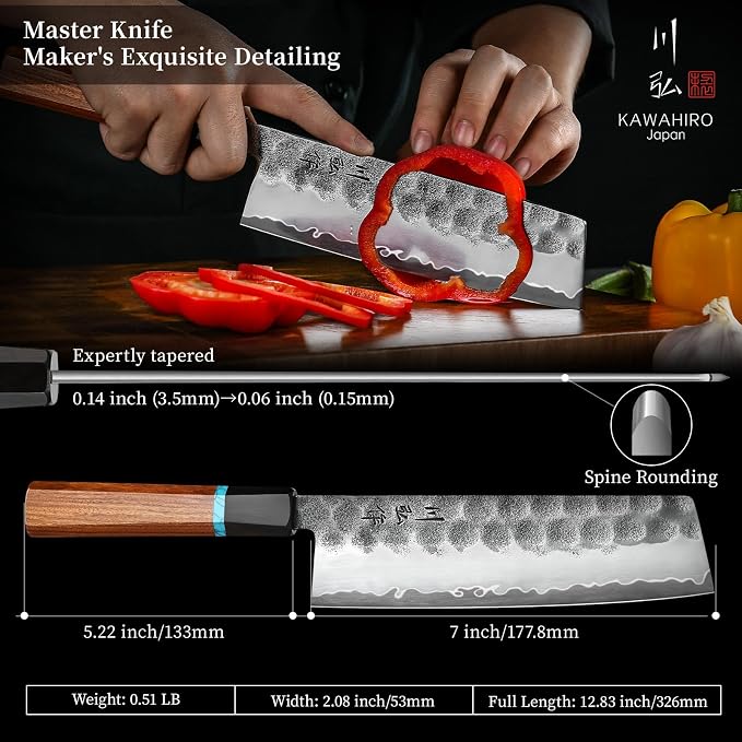 Japanese Nakiri Knife, 7 Inch Handcrafted VG10 High Carbon Stainless Steel Vegetable Chef Knife, Professional Sharp Kitchen Knives with Ergonomic Ruby Wood Handle and Gift Wood Box