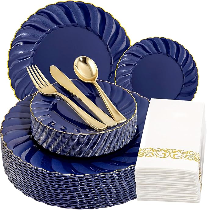 YOUBET 150PCS Blue Plastic Plates for Wedding Birthday Parties | Heavy Duty Navy Blue Disposable Plates include 50 Plates, 75 Silverware, 25 Napkins