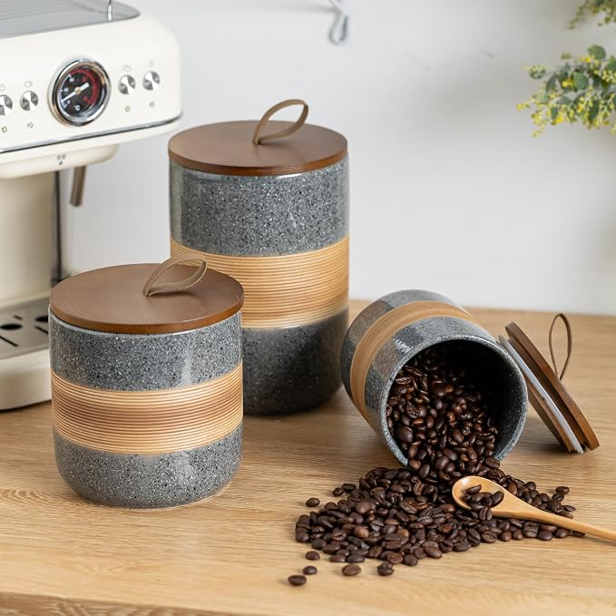 Miamolo Large Coffee Container with Lid, Ceramic Kitchen Food Storage Jar | Stackable Coffee Canisters, Airtight Lid for Tea Sugar Dry Goods | Stackable Decorative Jar for Bar Station | Grey & 61 fl.oz