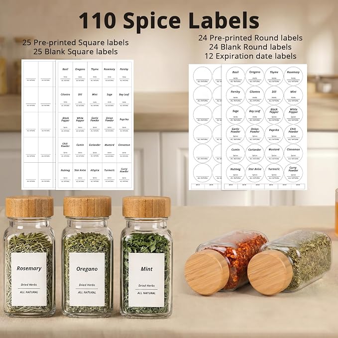 SHOWIN Spice Jars with Label, 6oz Spice Containers with Bamboo Lids 12pcs, Glass Spice Jars with Lids, Square Seasoning Containers for Rack, Cabinet, Drawer, Home Kitchen Seasoning Organizer