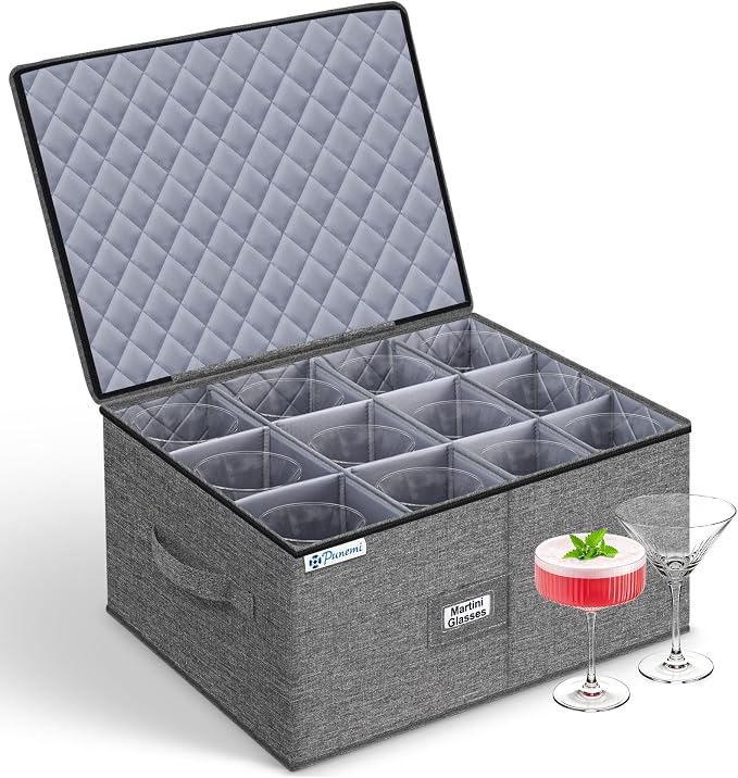 Wine Glass Storage Box for Martini, 5" Wide Cell Hard Shell China Storage Containers with Dividers, Stackable Stemware Storage Holder for Glassware, Margarita, Goblets & Brandy Snifters, Grey