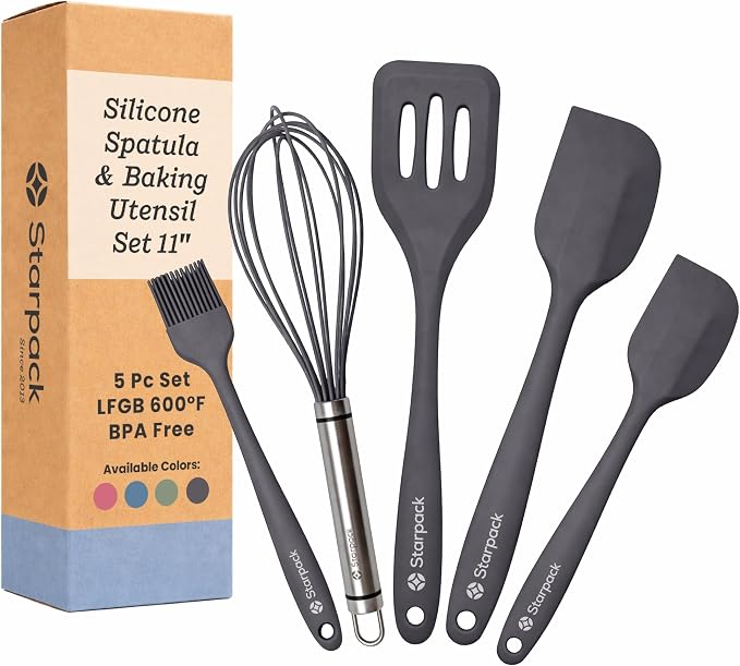 Starpack Flip and Whip Silicone Baking Utensils Set (5-Piece) - LFGB Non Toxic, 600°F Heat Resistant, BPA-Free - Whisk and Rubber Spatula Set with Pastry Brush - Dishwasher Safe, Nonstick Gray Black