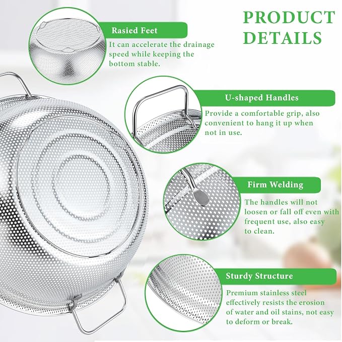 Stainless Steel Colander Set of 3, Micro-Perforated Metal Kitchen Strainer Set with Handles & Feet for Draining Pasta, Washing Rice, Vegetables - Heavy Duty 18/8 Steel (2, 3, 5 Quart)