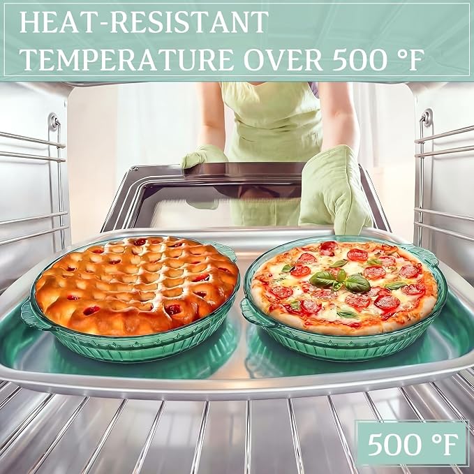 2 Pack Green Glass Pie Dish, 8 Inch Round Deep Plate, Tempered Glass Baking Dish, Non Toxic, Oven and Dishwasher Safe, Ideal for Baking Pies, Quiche and Desserts