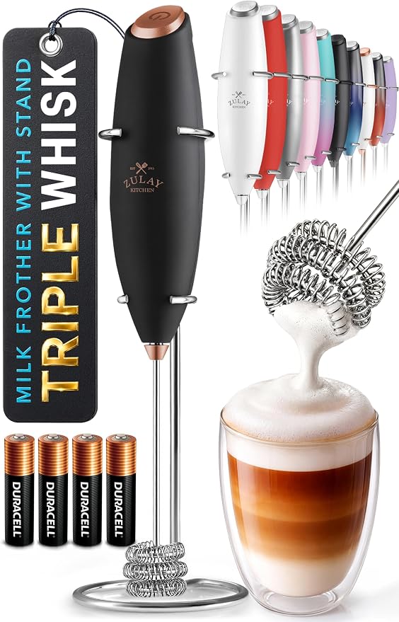Zulay Kitchen Powerful Milk Frother Wand With Duracell Batteries - Ultra Fast Handheld Drink Mixer - Electric Whisk Foam Maker for Coffee, Lattes, Cappuccino & Matcha - Triple Whisk - Luster Copper