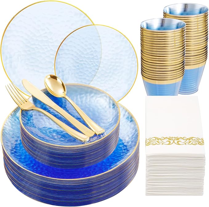 Rubtlamp 175 Pcs Plastic Dinnerware Set (25 Guests), Blue Disposable Plates With Gold Rim, Hammered Party Plates Set Include Dinner Platos, Dessert Platos, Cups, Cutlery And Napkins for Party