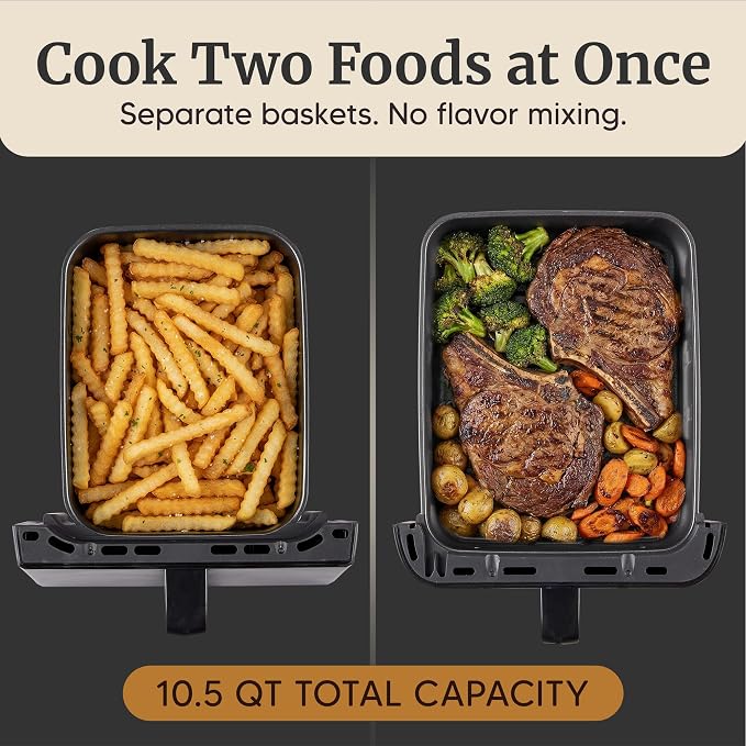 Elite Gourmet EAF6535 Dual Stacked Air Fryer, 10.5Qt, 1700W, Black | Family Size - PFAS-Free Dishwasher-Safe Nonstick Baskets - Sync Cook & Finish - 10 Presets