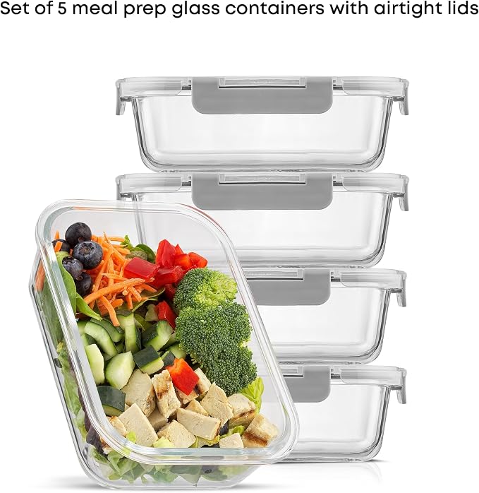 JoyJolt Glass Food Storage Containers with Lids. 5 Pack Glass Meal Prep Containers Reusable 35oz Single Compartment Airtight Container Set. Lunch Containers for Adults and Kitchen Storage Containers