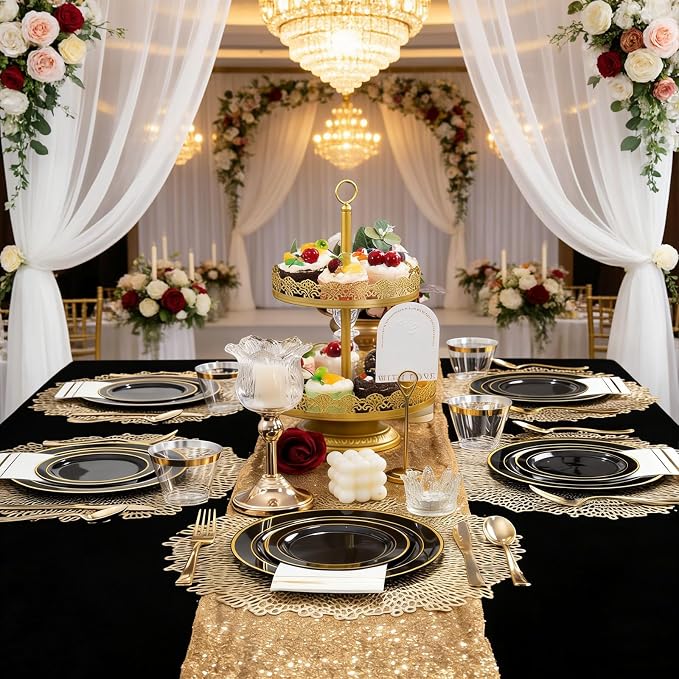GATHER 350PCS Black Plastic Plates with Gold Rim for Wedding Party | Black and Gold Disposable Dinnerware Set include 100 Plates, 150 Silverware, 50 Napkins, 50 Cups for Birthday Retirement