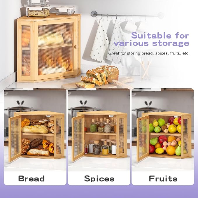 Corner Bread box for Kitchen Countertop,Farmhouse Bread Box with Acrylic Wavy Door Panel,Large Bread box for kitchen countertop,Kitchen Countertop Food Storage Container (Natural, Meduim)