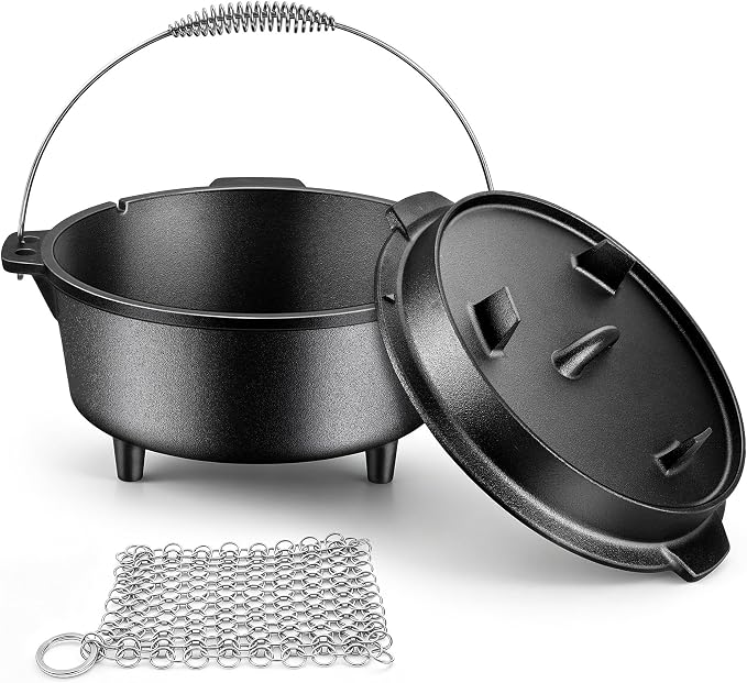Joyfair Pre-seasoned Cast Iron Camp Dutch Oven, 5QT Pot & 2QT Skillet Lid | Open Fire Camping Cookware Set For Outdoor Campfire Cooking - Stewing Chicken,Baking Sourdough Bread, Plus Cleaner, Oven Safe