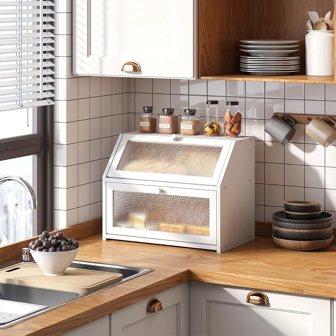 STDDRE Bread Box for Kitchen Countertop Bin Double Layer Bread Box Storage Container Extra Large Capacity Farmhouse with Diamond Pattern Windows (White, Large)