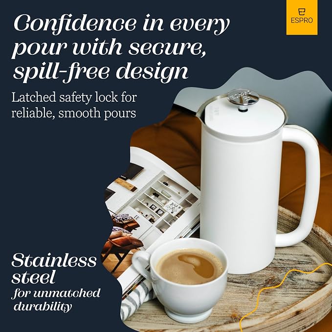 ESPRO P7 French Press, 18oz, Matte White, Stainless Steel Coffee Maker | Double Filter Coffee Press, Grit-Free Coffee, Heat Resistant Insulated tea Press, Easy Hot and Cold Coffee Brewer, Tea Brewer