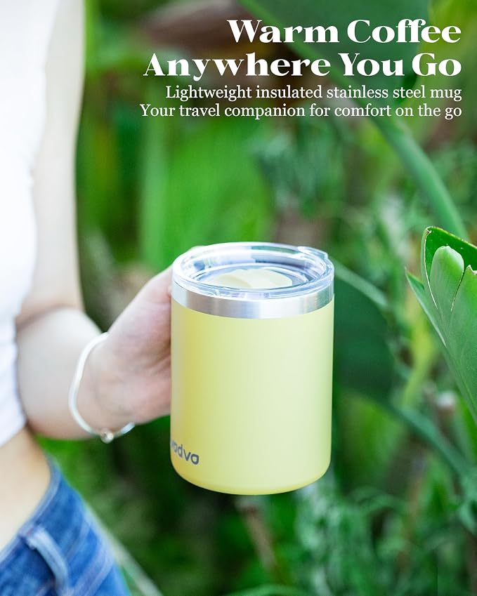12oz Insulated Coffee Mug with Lid – Includes Two Lids, Stainless Steel Coffee Travel Mug with Handle, Double Wall Vacuum Insulated Camping Mug for Home, Office & Outdoor, Yellow