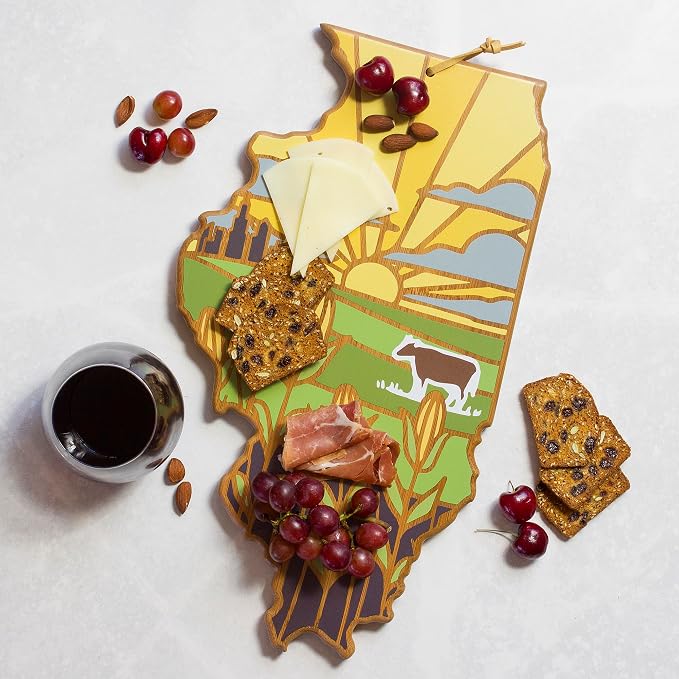 Totally Bamboo Illinois State Shaped Cutting Board, Summer Stokes Art | State charcuterie board with colorful hand-drawn landscape art. Smooth reverse side for food prep. Hang tie for wall display.