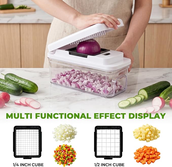 SUSTEAS Vegetable Chopper with Pull-Out Container, 7-Blade Mandolin Slicer | Pull, Empty & Keep Chopping; Easy-Detach, Dishwasher-Safe Blades; 7 Blades for Every Cutting Need; Less Cleanup. More Cooking