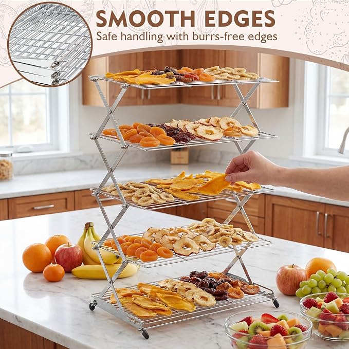 Novabright 5 Tier Collapsible Cooling Rack for Baking, 16'' x 10'' Stainless Steel Stackable Baking Rack for Cookies Bread, Oven Safe Roasting, Space Saving Kitchen Essentials Gifts for Women, Silver