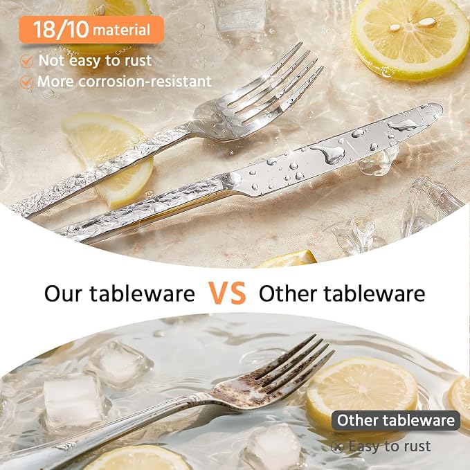 20 Pcs Hammered Silverware Set for 4, 18/10 Stainless Steel Heavy Duty Flatware Set, Tableware Cutlery Utensil Sets for Home Restaurant Dishwasher Safe