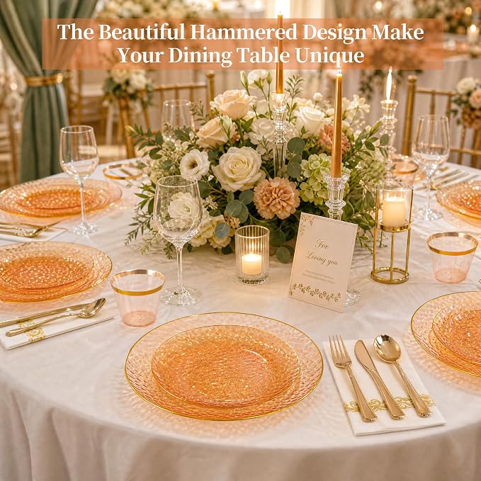 DaYammi 175PCS Clear Orange Plastic Dinnerware Set, Plastic Plates Disposable Hammered Disposable Plates for Party, Include: 25 Dinner Plates 25 Dessert Plates 75 Gold Silverware 25 Napkins 25 Cups