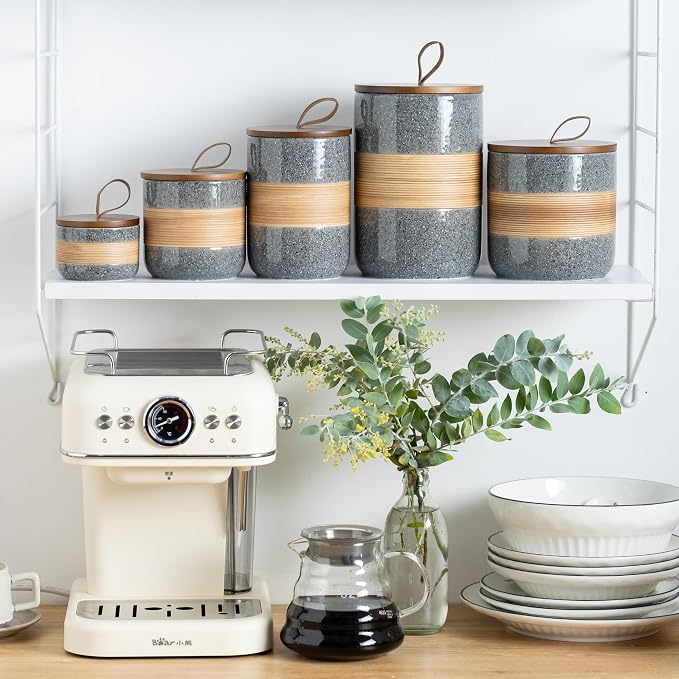 Miamolo Small Coffee Jar with Airtight Lid, Coffee Canister for Countertop | Grey & 5 fl.oz | Premium Ceramic, Mini Storage for Matcha Sugar Tea Ground Coffee | Kitchen Decorative Jar, Housewarming Gift