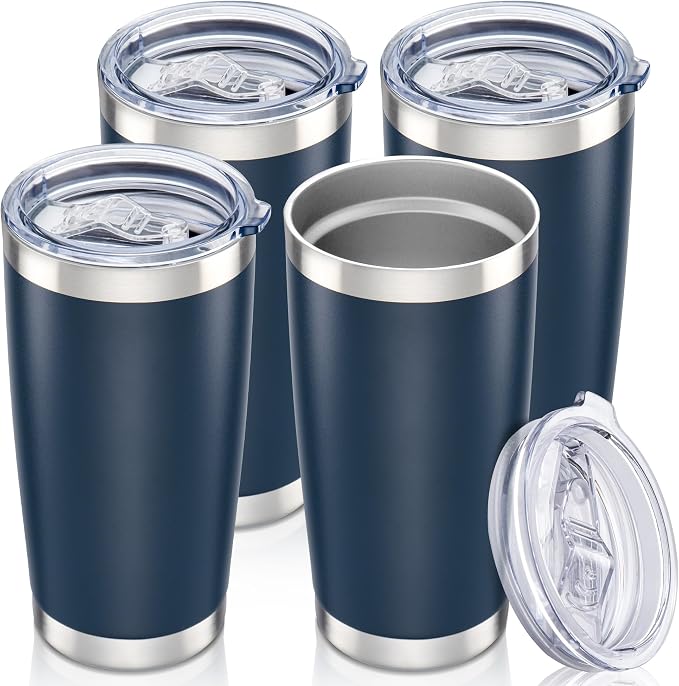 20 oz Tumbler with Lid Stainless Steel Insulated Tumblers Bulk Cups Mug | Double Wall Vacuum, Powder Coated, Keep Drinks Cold and Hot, Waterproof Lid, Fit of Car Cup Holders, Navy, 4 Pack