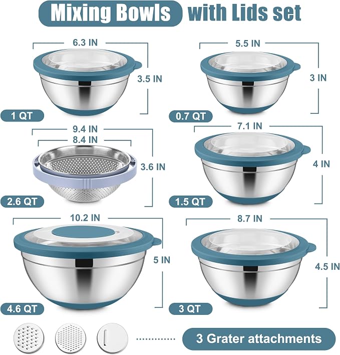 E-far Stainless Steel Mixing Bowls with Lids & Colander, 15PCS | Nesting Mixing Bowl with Non-Slip Bottom & 3 Metal Grater, For Kitchen Prep Baking Storage, 4.6, 3, 1.5, 1, 0.7QT, Blue