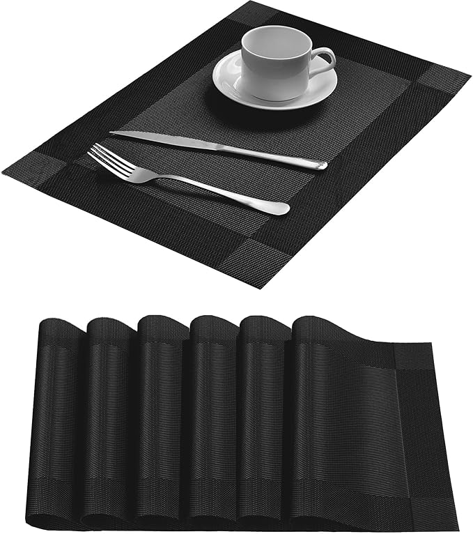 Table Placemats Dining Table Place Mats Set of 6 Heat Resistant Insulation Non-Slip Vinyl for Kitchen Dining Room 18" * 12" Black