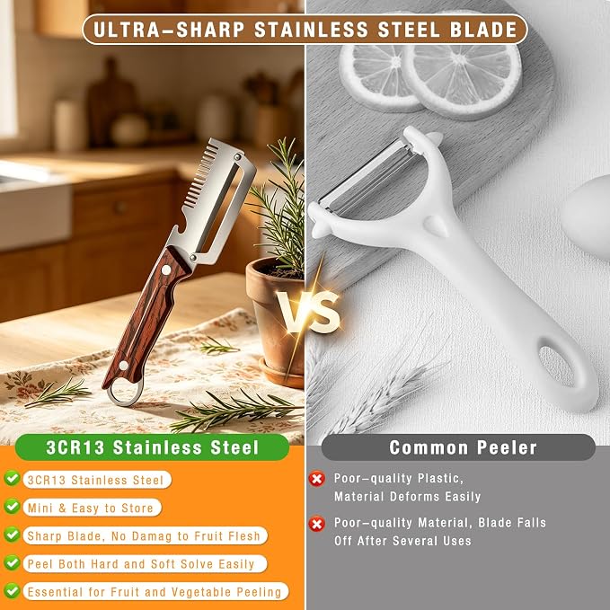 2Pcs 3-1 Multi-functional Vegetable Peeler,New Ktchen Multi-function Stainless Steel Thickened Fruit Peeler Knife with Wooden Handle and Bottle Opener for Vegetables or Fruits that Need to Be Peeled