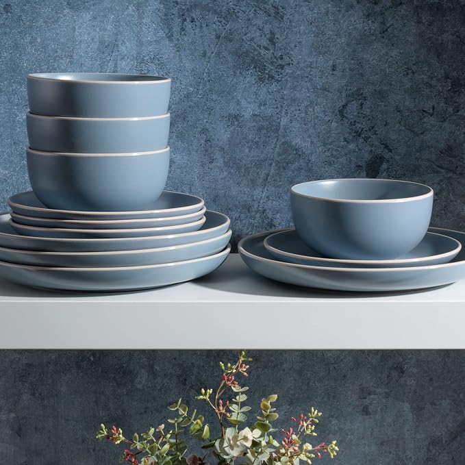 Gibson Home Rockaway 12-Piece Round Stoneware Dinnerware Set, Service for 4 – Blue Plates and Bowls, Microwave & Dishwasher Safe