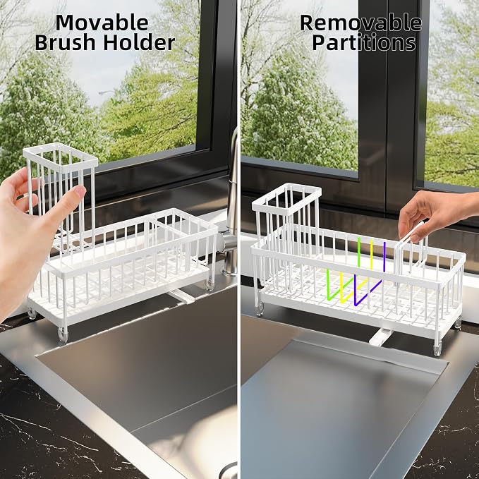 Moforoco Extra Large Kitchen Sink Caddy, Rustproof Sponge Holder for Kitchen with High Brush Holder, Stainless Steel White Kitchen Caddy Countertop Organizer, Sponge Caddy for Kitchen