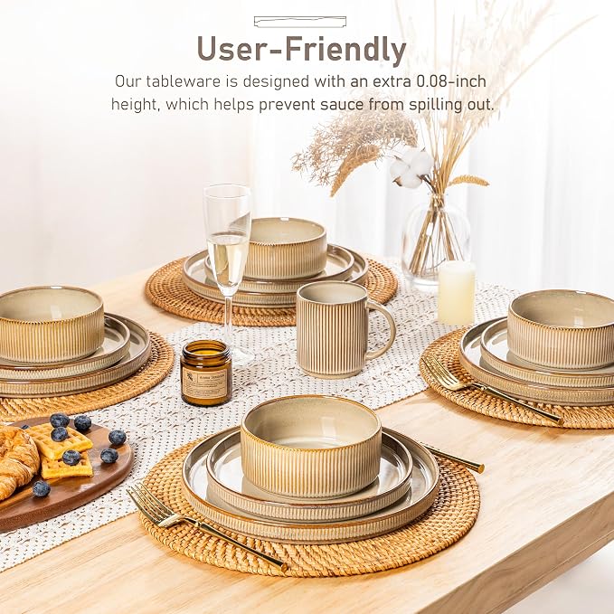 GBHOME Stoneware Dinnerware Sets for 6, 18-Piece Plates and Bowls Set | Handmade Reactive Glaze Ceramic Dish Set, Scratch Resistant, Dishwasher&Microwave Safe,Barley Latte