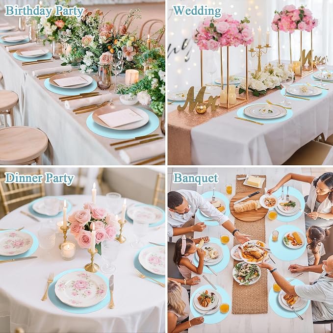 SHACOS 100 pcs Round Paper Placemats Disposable 13 inch Colored Paper Decorative Place Mats for Wedding Birthday Party Bridal Baby Shower Table Decoration, Light Blue
