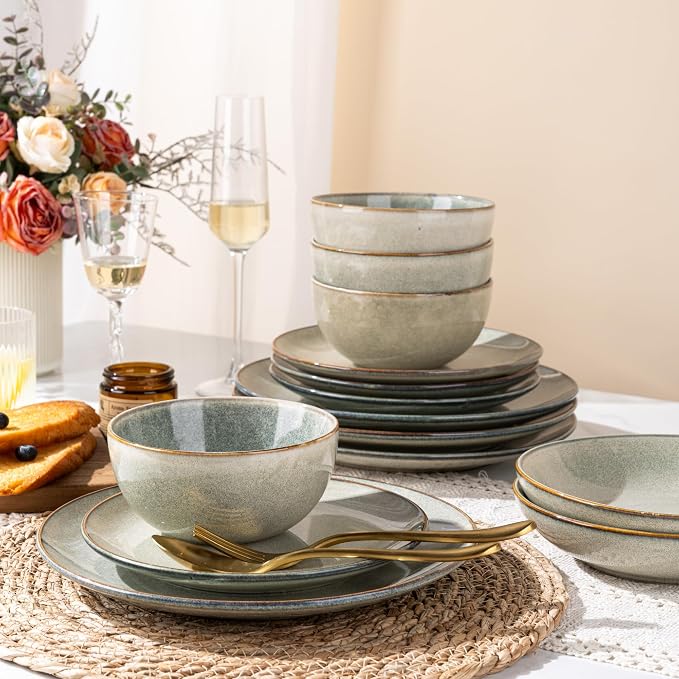 GBHOME Dinnerware Sets for 6, 24 Pieces Ceramic Plates and Bowls Set | Scratch Resistant Stoneware Dishes Set, Dishwasher & Microwave Safe, Reactive Glaze-Green Wheat