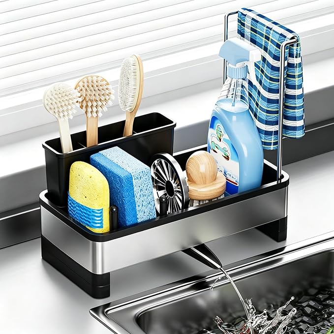 Stainless Steel Sink Caddy Sponge Holder for Kitchen Sink 9.8″ | with Auto-Drain, with Removable Brush Holder & Towel Rack, Rustproof Sink Organizer for Countertop, Kitchen Accessories