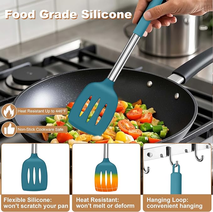LIANYU Silicone Kitchen Utensils, 6 Pcs Cooking Utensils Spatula Set, Blue | Slotted Turner, Spoon, Soup Ladle, Pasta Server, Skimmer, Tongs for Nonstick Cookware, Heat Resistant, Stainless Steel Handle