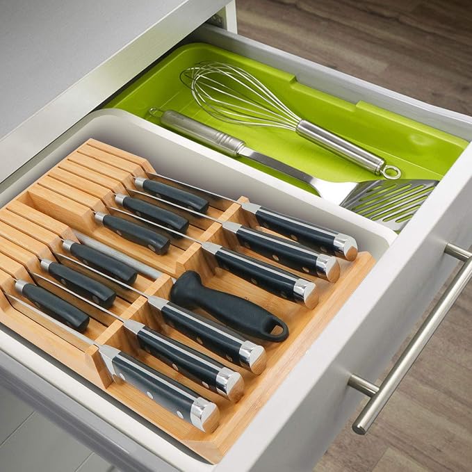 Utoplike In-Drawer Knife Block Bamboo Drawer Organizer, 12 Knives Holder | Steak Knife Holder, Fit 12 Knives, 1 Sharpening Steel (Knives & Sharpening Steel Not Included), Kitchen Drawer Organization