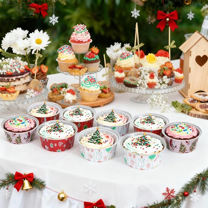 100Pack Mixcolor Christmas Cupcake Liners, 5oz Mini Cake Pans with Lids Xmas Aluminum Cups Disposable Ramekins Muffin Tins Containers for Gift Holiday Birthday Party Cake Baking Stackable Portable