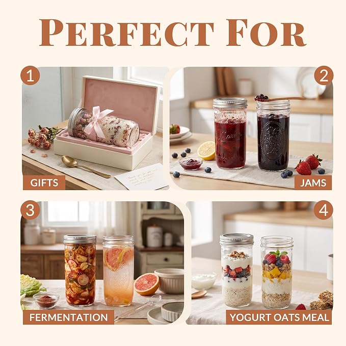 CycleMore 24oz Embossed Glass Mason Jars – Set of 4 | Vintage Style Canning Jars With One-Piece & Stainless Steel Split Lids, BPA-Free & Durable. Dishwasher Safe. Non-Slip Grip.
