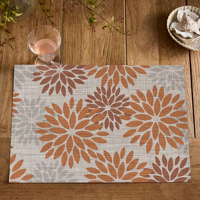 Artoid Mode Floral Vinyl Fall Placemats Set of 4, 12x18 Inch Thanksgiving Vintage Washable Non-Slip Plastic Place Mats for Party Kitchen Dining Decor, Orange