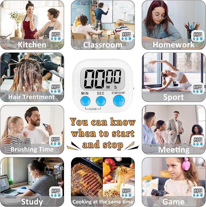 ZILLEEN Digital Kitchen Classroom Timers for Kids Cooking 12pcs Wht Grn Pk | Strong Magnetic, Large Screen, Big Button, Count Up/Down, Loud Alarm, Teacher Classroom Must Haves Supplies