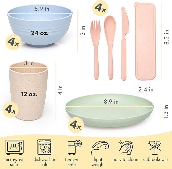 FOODLE Wheat Straw Dinnerware Set - Non-Toxic Kids Plates and Bowls Sets | BPA-Free & Safety Tested - Dishwasher & Microwave Safe - Easy to Clean - Children, Camping, College Dorm Dishes - For 4