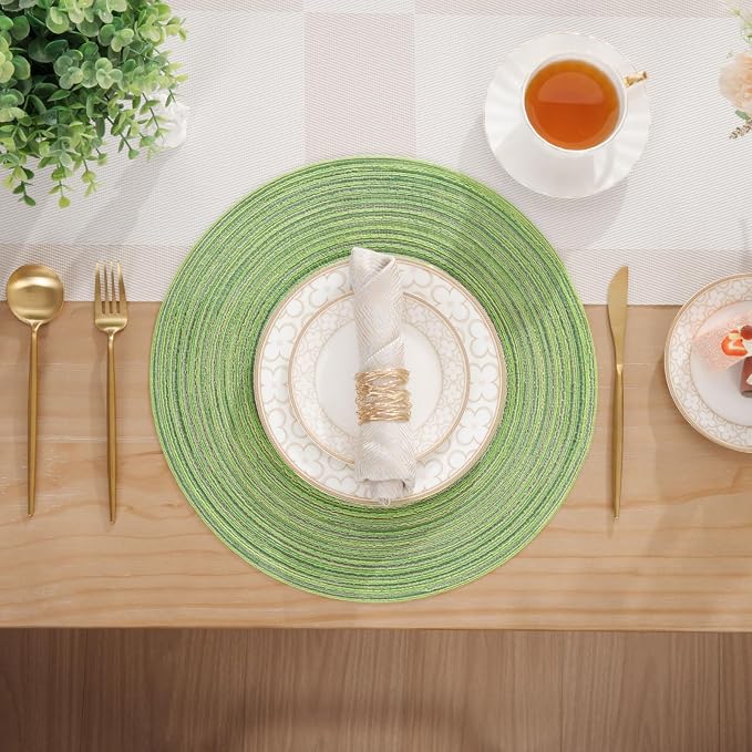 SHACOS Round Placemats Set of 6 for Dining Tables 15 inch Cotton Braided Placemats Washable Reversible for Kitchen Holiday Party (Mixed Color Pea Green, 6)