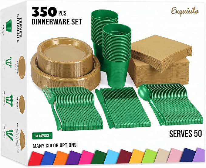 Exquisite 350 Pcs St. Patricks Plastic Plates For Party St. Patricks Disposable Plates Set, 50 Of Each 9" Dinner Plate Set, 7" Dessert Plate, Cups, Napkins & Cutlery Plastic Dinnerware