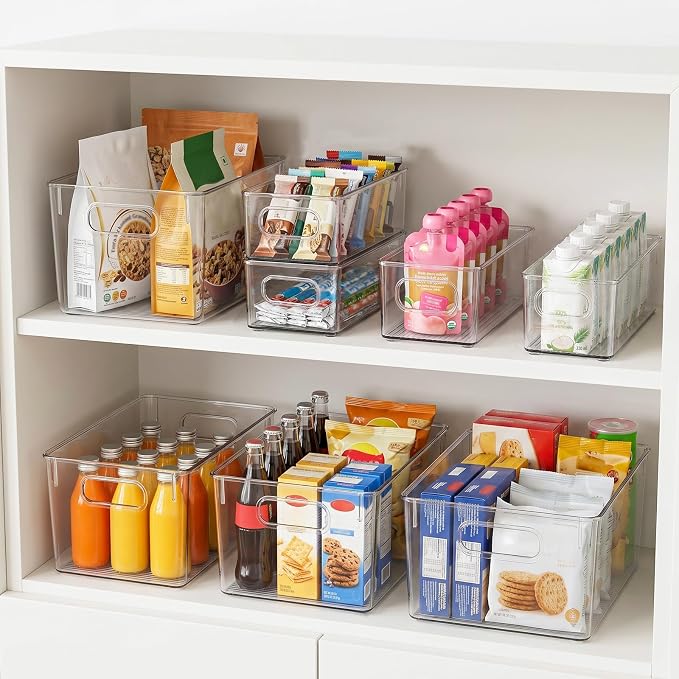 YKIOKE 8 Pack Clear Plastic Storage Bins with Handles, Stackable Organizer | BPA-Free, 4 Large & 4 Small Stackable Organizer Containers for Kitchen Cabinets, Countertops, Drinks, Fruits, Vegetables